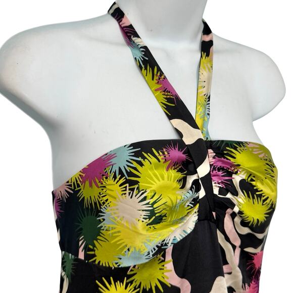 Trina Turk Y2K Abstract Black Pink Green Neon Silk Satin Halter Dress size 8 - Picture 11 of 13
